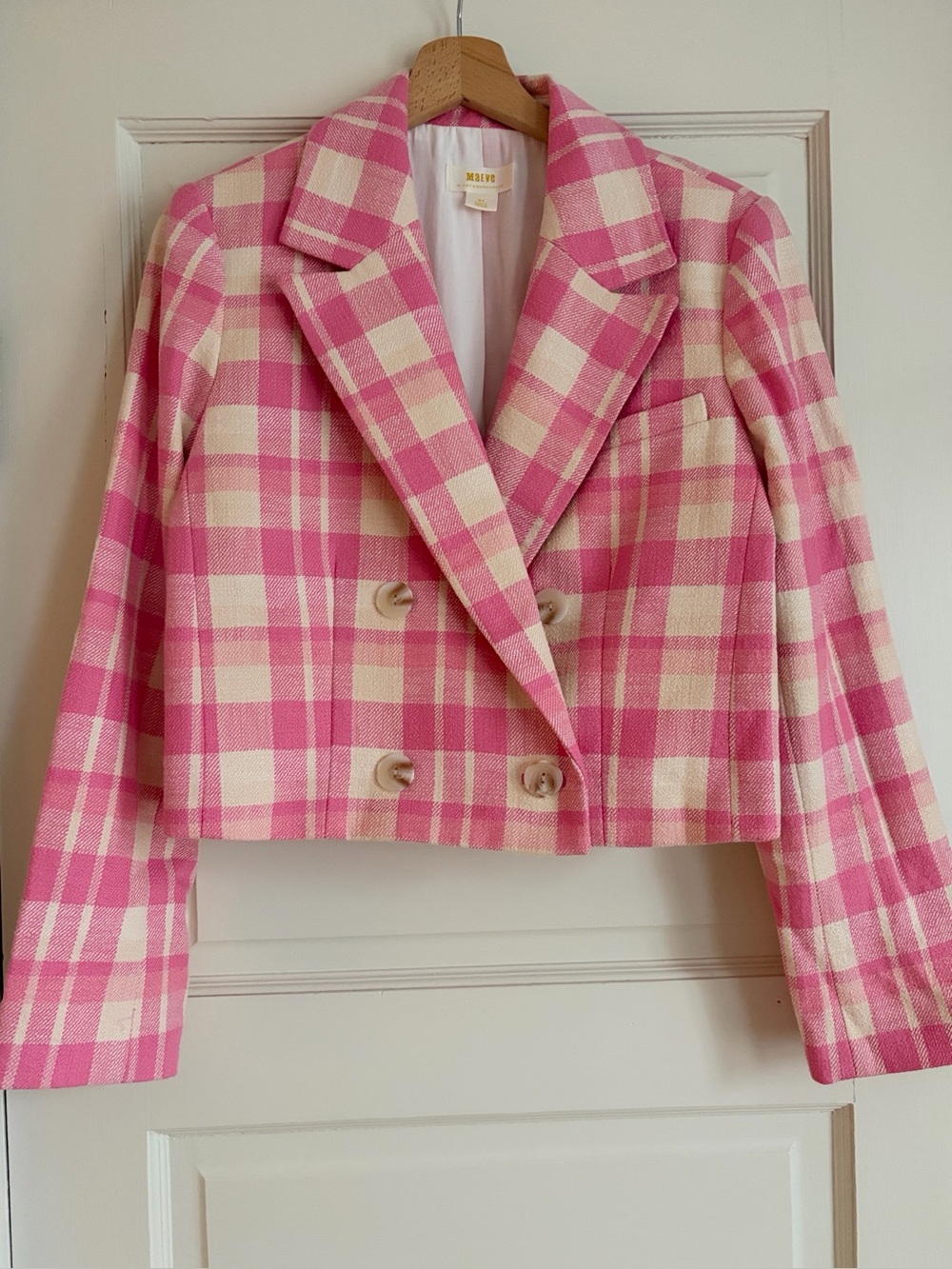 NWOT Maeve Anthropologie Cropped Pink Cream Plaid Double breasted Blazer M
